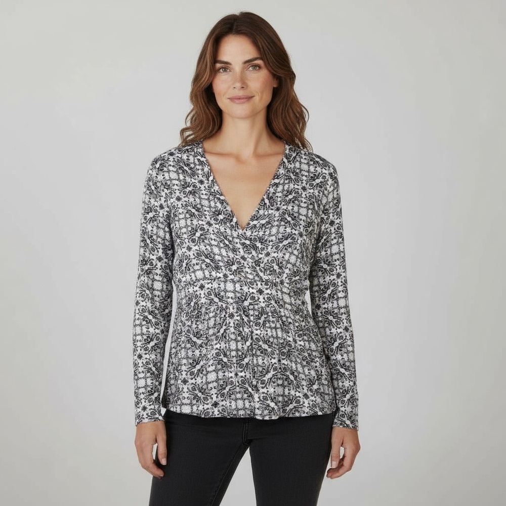 Croft & Barrow Womens Shirt Tunic Boho Crossover neckline Size Large Gray